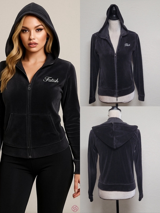 Vintage Tops - Rare 90s Vintage Fetish By Eve Spell Out Black Velvet Fitted Zip-Up Hoodie S